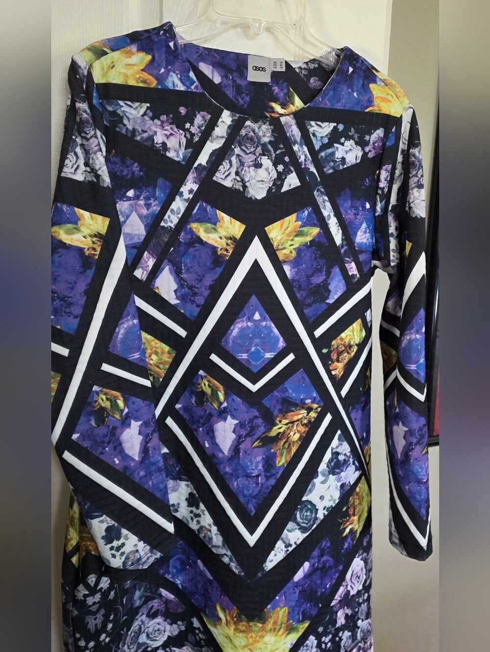Asos Geo Floral Print Purple Yellow Long Sleeve Shift Dress US 10